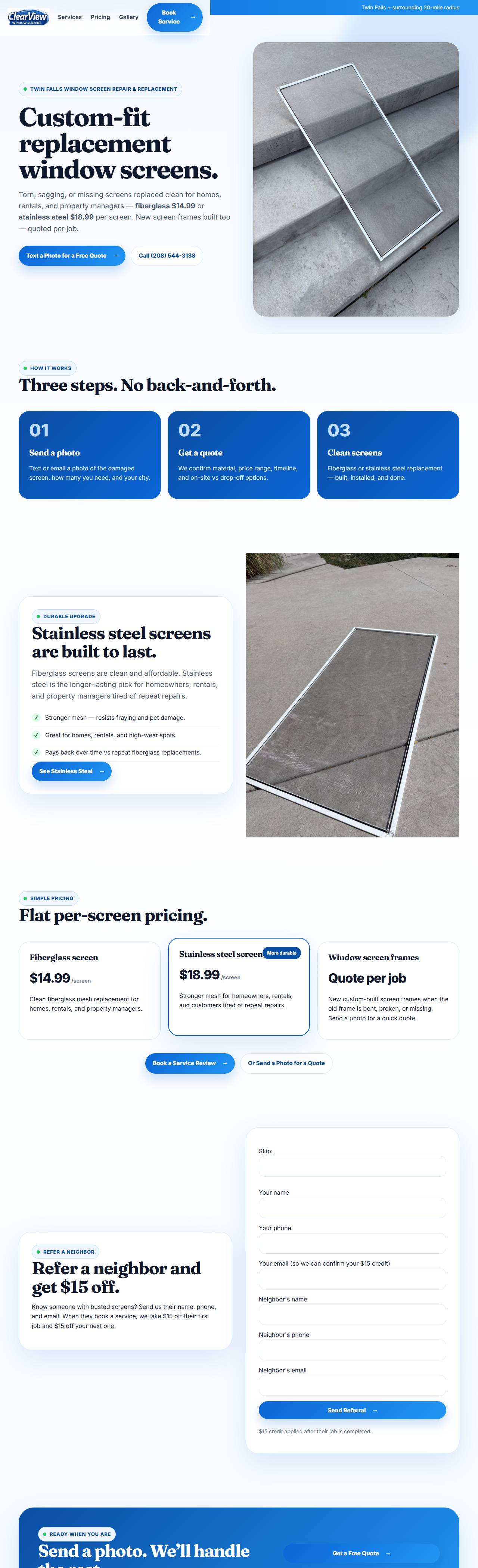 ClearView Window Screens — photo-to-quote booking